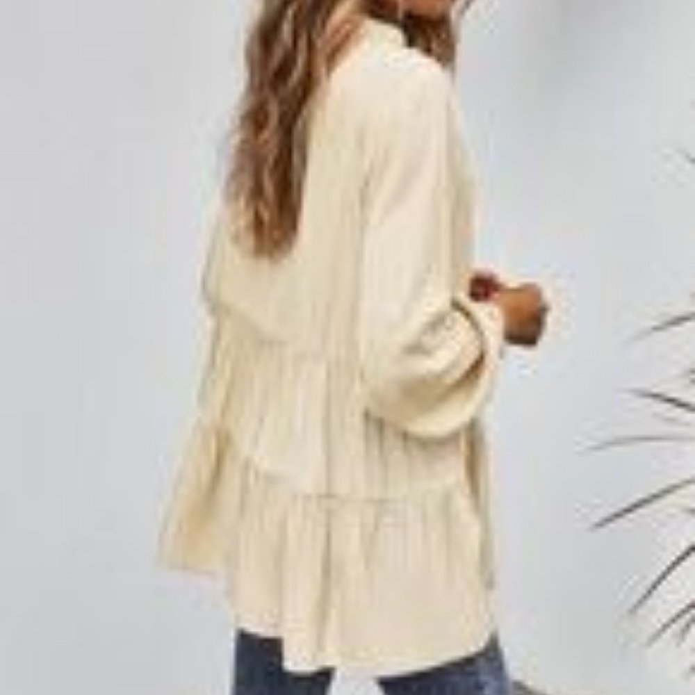 V-Neck Button Down Ruffle Solid Top - Picture 2 of 2